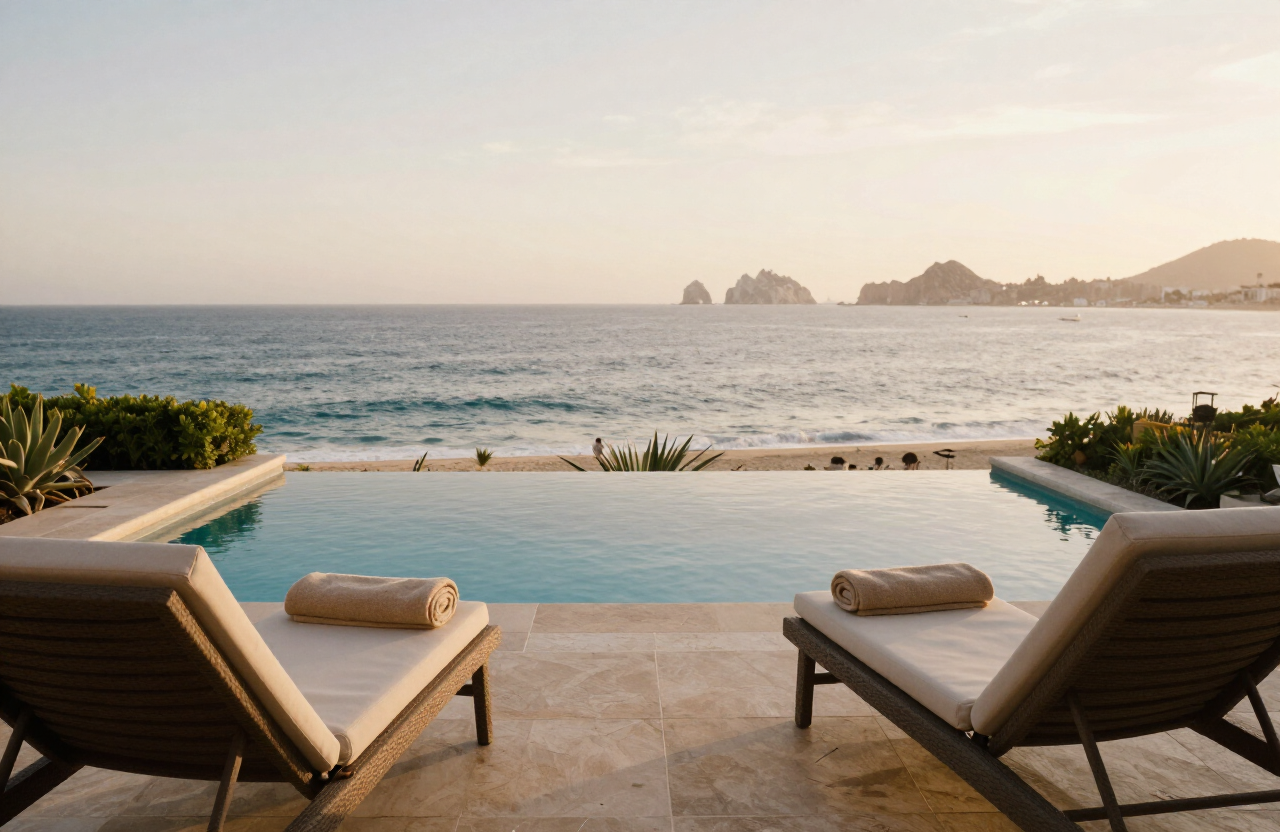 Terraza con alberca privada frente al Pacífico en Los Cabos