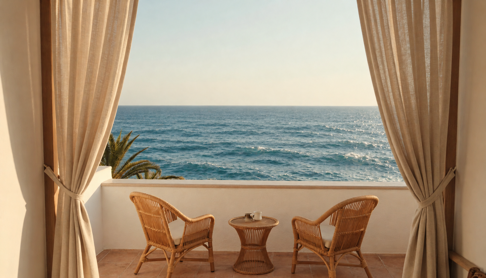 Terraza de hotel boutique con vista al mar Mediterráneo al atardecer