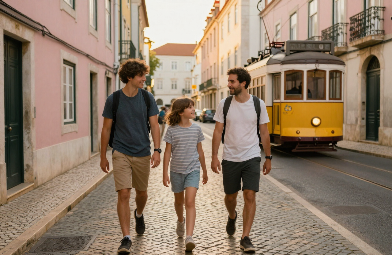 Familia caminando por una calle empedrada de Lisboa al atardecer
