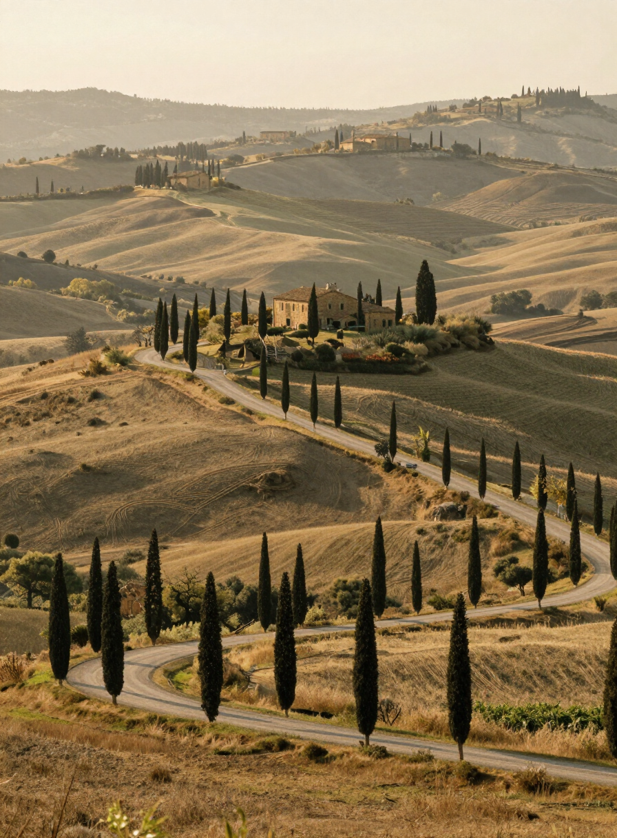 Colinas y cipreses de la Toscana al atardecer