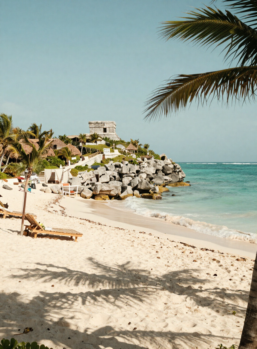 Playa de arena blanca y mar turquesa en Tulum, Riviera Maya